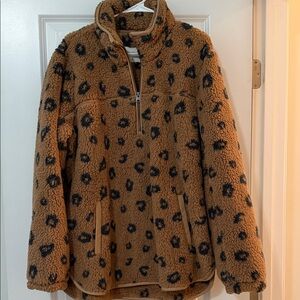 Abercrombie & Fitch Leopard Print Sherpa Pullover Jacket - Brown & Black